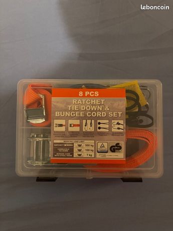 Kit arrimage 8 pièces neuf scellé sangle à cliquet + tendeurs avec mallette