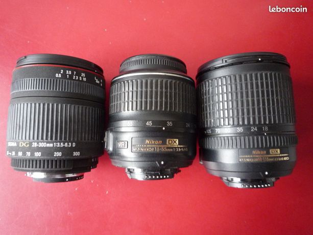 d'objectifs AF Nikon DX 18-35 mm et 18-55 mm + Sigma 28-300 mm pour pieces