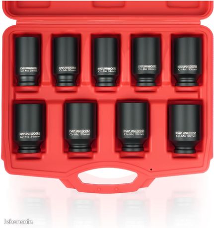 Lot de 9 douilles à impact 1/2" 29 30 31 32 33 34 35 36 38 mmJeux de douilles