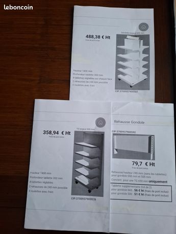 Lot de 9 Gondoles double face + 20 Têtes de gondole + 8 Rallonges en hauteur + Tablettes suppl