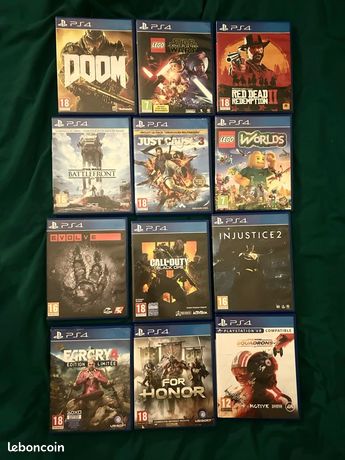 Lot de jeux de ps4 far cry 4 just cause 3 for honor call of duty black ops 4 Injustice 2 red dead redemption 2 Star Wars battlefront 1 Lego Worlds Evolve Lego Star Wars Doom Star wars squ