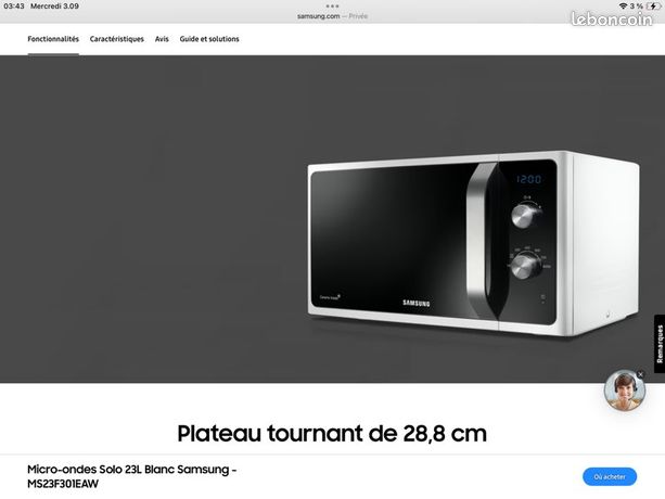 Micro-ondes Solo 23L Blanc Samsung - MS23F301EAW