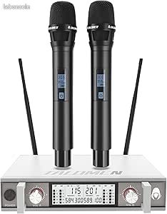 Micro sans Fil UHF Set de 2 Microphones à Main Dynamiques en Métal Auto Scan Portée 120 m Récepteur Double Canal Idéal pour Chant Karaoke Fête DJ Église K120 Blanc