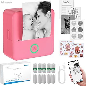 Mini Imprimante Portable à Autocollants sans Encre Toner Impression Noir Blanc Mini Imprimante Thermique Bluetooth Compatible avec Android iOS avec Papier Thermique et Autocollants
