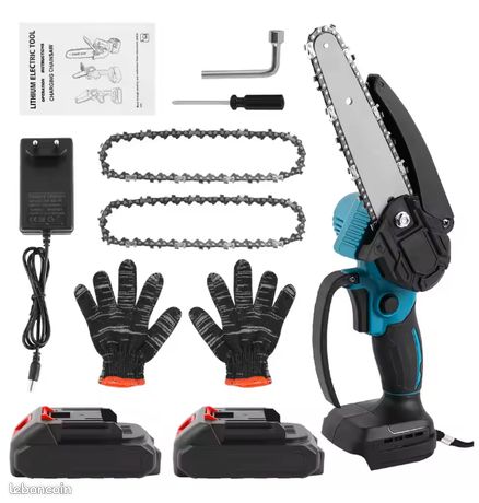 Mini Tronçonneuse Portable Scie à Chaine Outil Coupe Du Bois Pour Entretien Jardin Terrasse 2 Batteries 18V