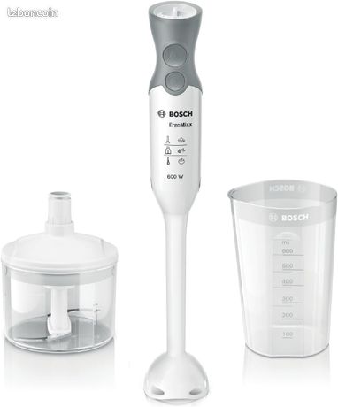 MSM66020 Mixeur Plongeant - Mixeur à main 600 W- Système anti-éclaboussures - 12 vitesses + turbo - mini-hâchoir inclus Gris/Blanc Classe énergétique B