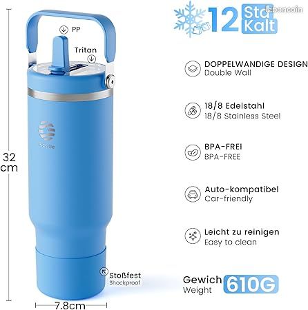 Mug Isotherme 1180ML avec Paille et Poignée Thermos Café avec 2-en-1 Couvercle Tasse à Café Acier Inoxydable sans BPA convient également aux Travel Mug de Voiture Gobelet Isotherme