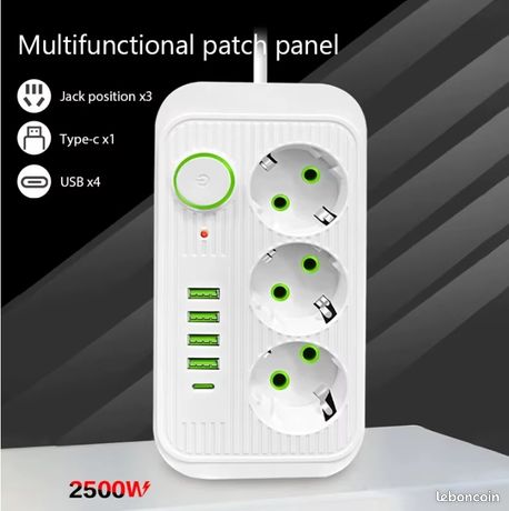 Multiprise 3 Prises, 4 Ports USB + 1 USB-C, Interrupteur, Câble 2m, Parafoudre et Surtension, 2500W (Blanc)