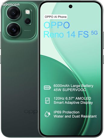 Nouveauté -100% neuf -OPPO Reno14 FS 5G 12+512Go IA Smartphone Android Débloqué,Écran 120Hz 6,57" AMOLED, Caméra 50MP Batterie 6000mAh SUPERVOOC 45W, Snapdragon 6 Gen 1,IP69,Vidéo 4K,NFC,Dual SIM,Vert