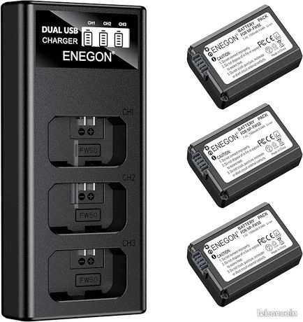 NP-FW50 Lot de 3 batteries 1300 mAh et chargeur LCD à 3 baies pour Sony Alpha A6000 A6300 A6400 A6500 ZV-E10 7RM2 A7SM2 A7M2 A7 II A7R II A7S II A5000 A5100 A5100 3000 g. RX10 II III IV NEX-3/5