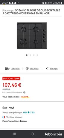 Oceanic Plaque de Cuisson Table a GAZ Table 4 foyers Gaz émail Noir