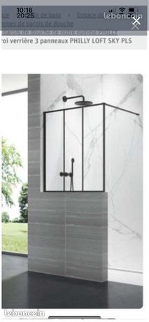 Paroi de douche sur muret type verrière noir 3 bande L90 H1000 Noir vitrage transparent complète haut de gamme
