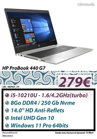 PC Portable HP ProBook 440 G7 Intel I5 GEN 10 8GO 250GB SSD W11P HD