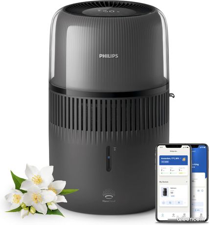 Philips Humidificateur Série 5000 45m Ultra Silencieux 12dB NanoCloud 99% Bactéries en moins 300ml/h 4.5L Mode Sommeil Minuteur Capteur Humidité Aromathérapie Noir