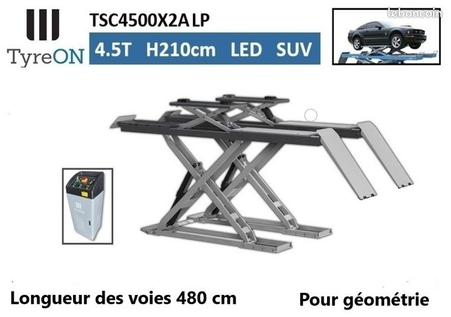 Pont ciseaux 4,5 tonnes avec levage auxiliaire intégré – L 480 cm - Hauteur 210 cm – Géométrie - Avec éclairage