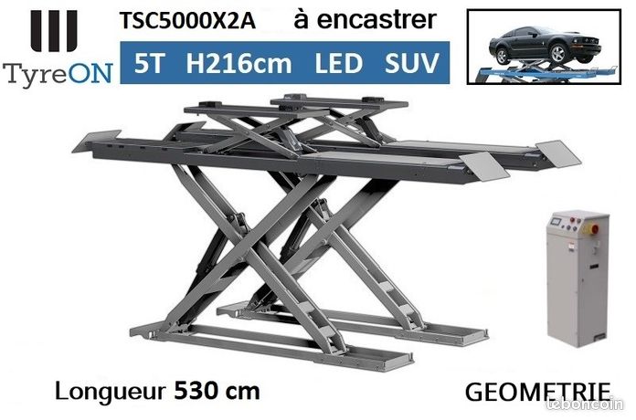 Pont ciseaux géométrie 5T à encastrer avec levage auxiliaire longueur 530 cm capacité 5000 kg