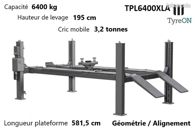 Pont élévateur 4 colonnes 6 tonnes – Longueur 581 cm – Traverse et éclairage LED compris