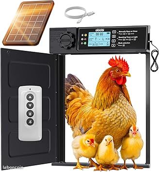 Porte Automatique Poulailler Solaire - Pro Modèle - Télécommande Capteur Lumière et Minuterie - Fonction Anti-pincement - Large Ouverture - Ecran LCD