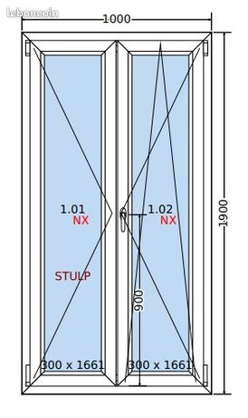 Porte fenêtre 2 VANTAUX 1000 X 1900 PVC QUALITE PRO