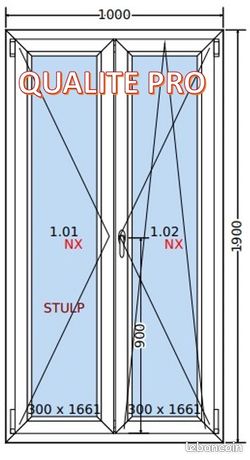 Porte fenetre 2 vantaux 1000 x 1900 pvc qualite pro