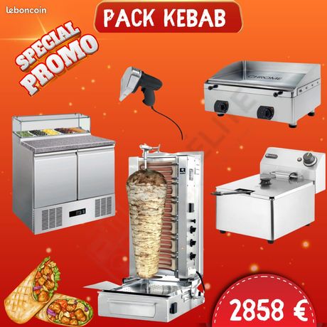 PACK KEBAB PROFESSIONNEL Machine à kebab Potis + Plaque à Snacker + Saladette Réfrigérée + Friteuse de Table + couteau électrique