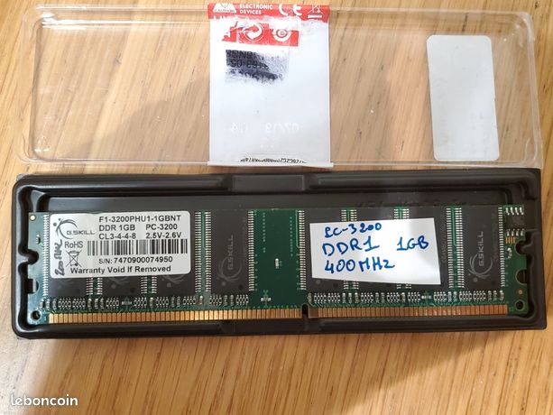 RAM G.Skill 1Go DDR1 PC-3200 (400MHz) pour PC de bureau memoire Barrette fixe dimm ddr 1gb gskill pc3200