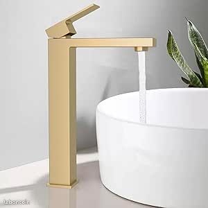 Robinet de salle de bain doré - Robinet de lavabo haut en acier inoxydable avec noyau de valve en céramique à faible bruit - Mitigeur lavabo haut - Hauteur d'écoulement 250 mm