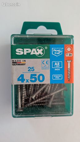 SPAX Boîte de 25 Vis Inox TORX T20 Diam.4 Mm X L.50 Mm - Inox A2