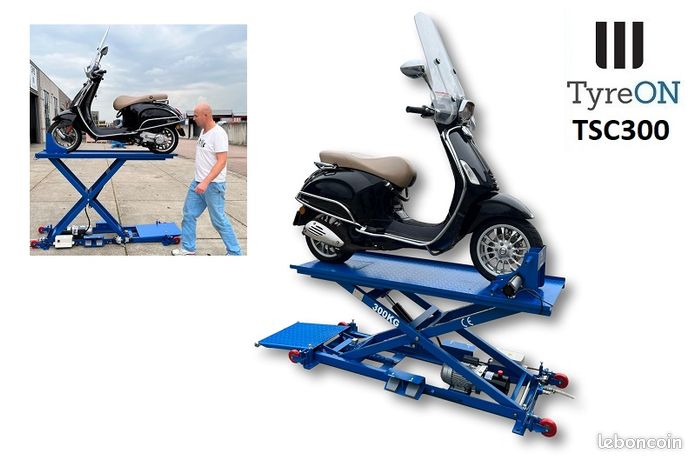 Table élévatrice mobile pour motos, scooters et mobylettes jusqu’à 300 kg – 220V - avec bloque roue pneumatique