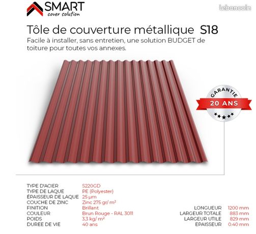 Tôle de couverture S18 Coloris Brun Rouge RAL 3011 Dimensions 1200x883x0.40mm