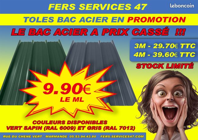 🔔 Tôles bac acier 3M et 4M (couverture, bardage) Vert sapin (RAL 6009) et Gris (RAL 7012) - STOCK LIMITE