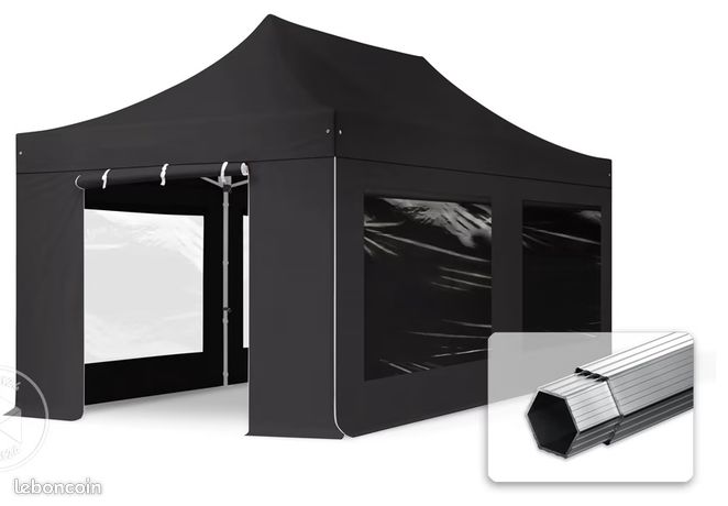 Tonnelle pliante Alu 3x6 m PVC 850 côtés panoramiques noir