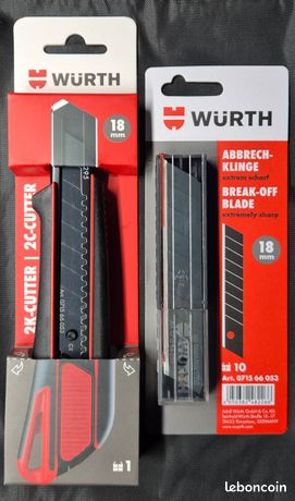 Un cutter bimatière avec bouton pression18mm Wurth & 10 Lames de cutter sécable ultra-tranchante 18mm Wurth