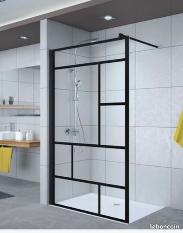 Vends paroi fixe 120 style industriel. Paroi neuve dans son l'emballage.Paroi fixe 120Vers sécurit 8 mm facile de nettoyage car décor à l'extérieur. Profilé aluminium. Barre de retenue fourni avec