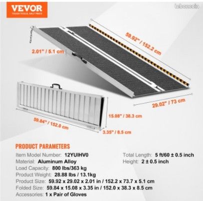 VEVOR Rampe pour fauteuil roulant capacité 363 kg rampe de seuil pliante portative en aluminium antidérapant 1524 cm pour scooter personnes handicapés marches maison escaliers portes bordure